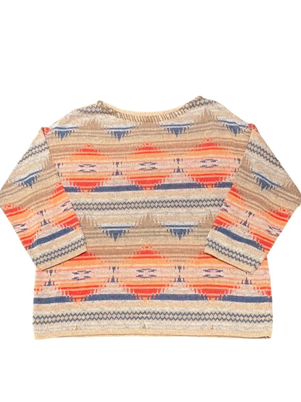 Chaps Tan Orange Blue Southwest Aztec Print Sweater 3/4 Sleeves Womens Large